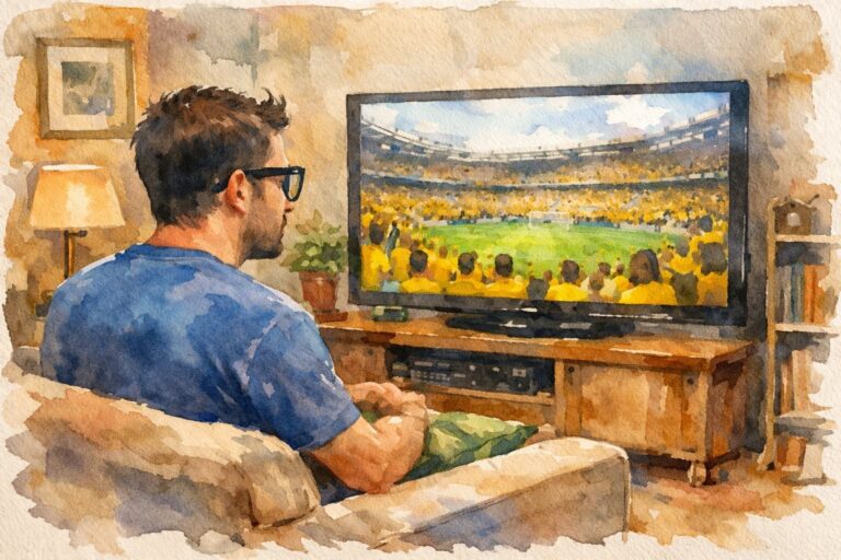 Personas viendo un partido de fútbol en una pantalla grande, con expresión de fatiga visual, en un contexto de consumo masivo