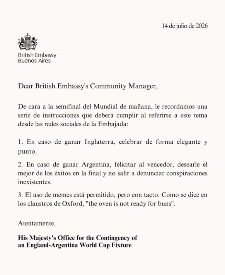 Supuesto memo de la embajada británica con instrucciones para redes sociales antes del partido Argentina vs. Inglaterra
