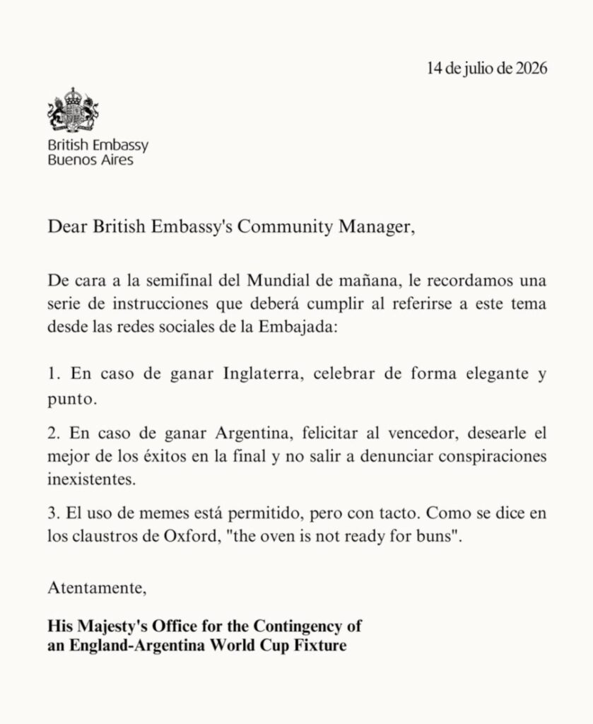 Supuesto memo de la embajada británica con instrucciones para redes sociales antes del partido Argentina vs. Inglaterra