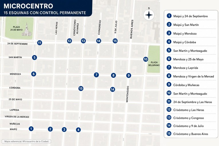 Mapa de las 15 esquinas con control policial en microcentro de Tucumán