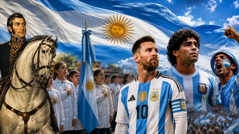 Bandera argentina flameando en un mástil con cielo azul de fondo