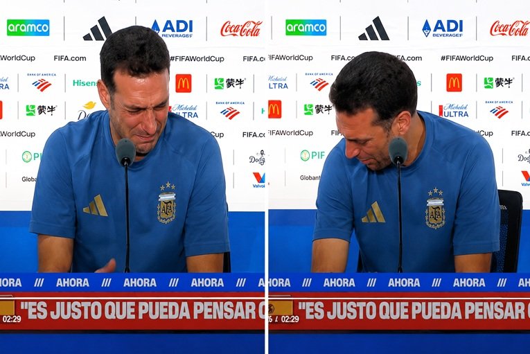 Lionel Scaloni durante la conferencia de prensa con lágrimas