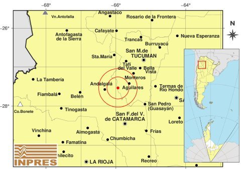 Mapa de ubicación del epicentro del sismo en el sur tucumano