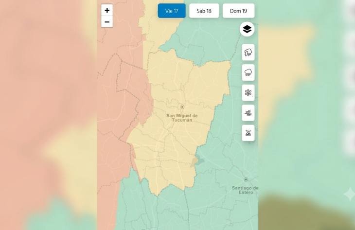 Mapa de alertas meteorológicas en Tucumán por viento Zonda