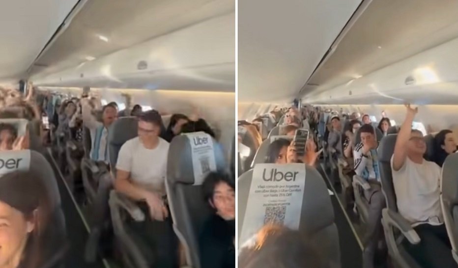 Pasajeros celebrando en un avión con destino a Tucumán tras anuncio de clasificación de Argentina a la final del Mundial