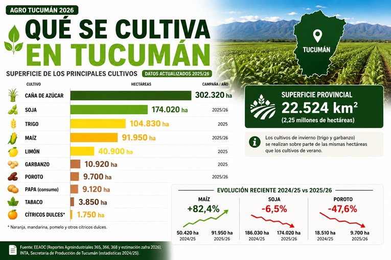 Vista de campos de cultivo en Tucumán con caña de azúcar y soja