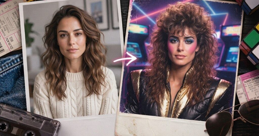 Persona usando inteligencia artificial para transformar una foto actual en un retrato de los años 80