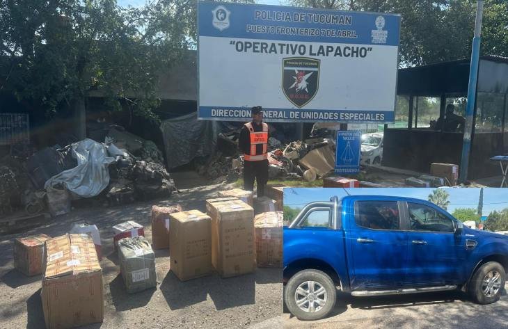 Camioneta Ford Ranger azul interceptada en el Operativo Lapacho con mercadería sin aval aduanero