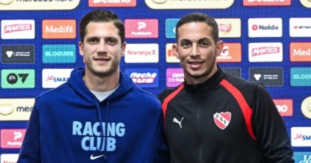 Facundo Cambeses e Iván Marcone en la conferencia de prensa previa al Clásico de Avellaneda