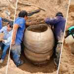 Urna funeraria de cerámica hallada en Choromoro, Tucumán, durante el rescate arqueológico