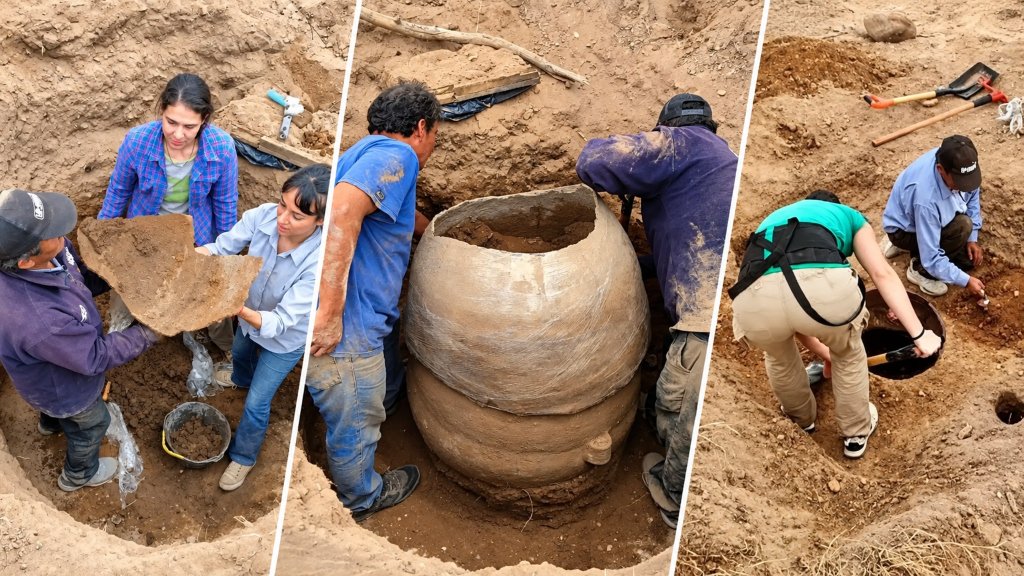 Urna funeraria de cerámica hallada en Choromoro, Tucumán, durante el rescate arqueológico