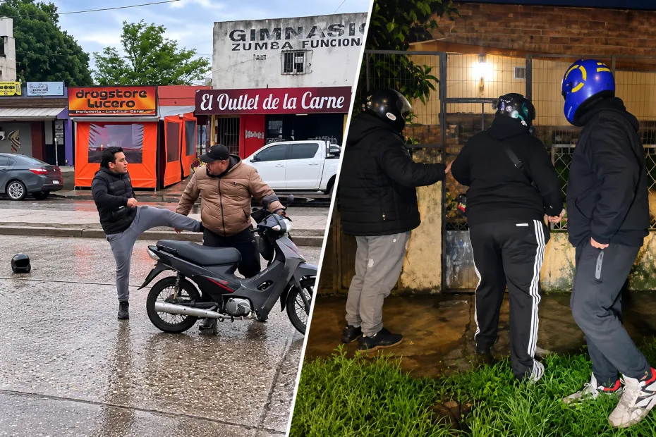 Captura de video de discusión entre un joven motociclista y un hombre mayor en la vía pública