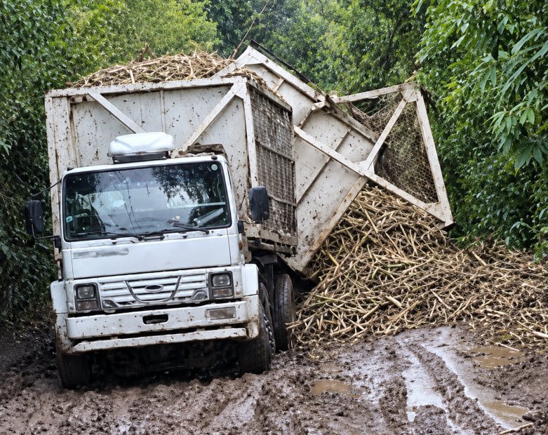 Camión cañero volcado en la ruta de Los Sifones, Famaillá, con caña de azúcar esparcida sobre el camino